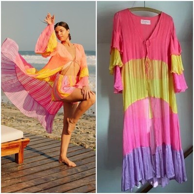 SUNDRESS Ella Kimono Multicolored Layered Tired Ruffle Maxi Beach Dress