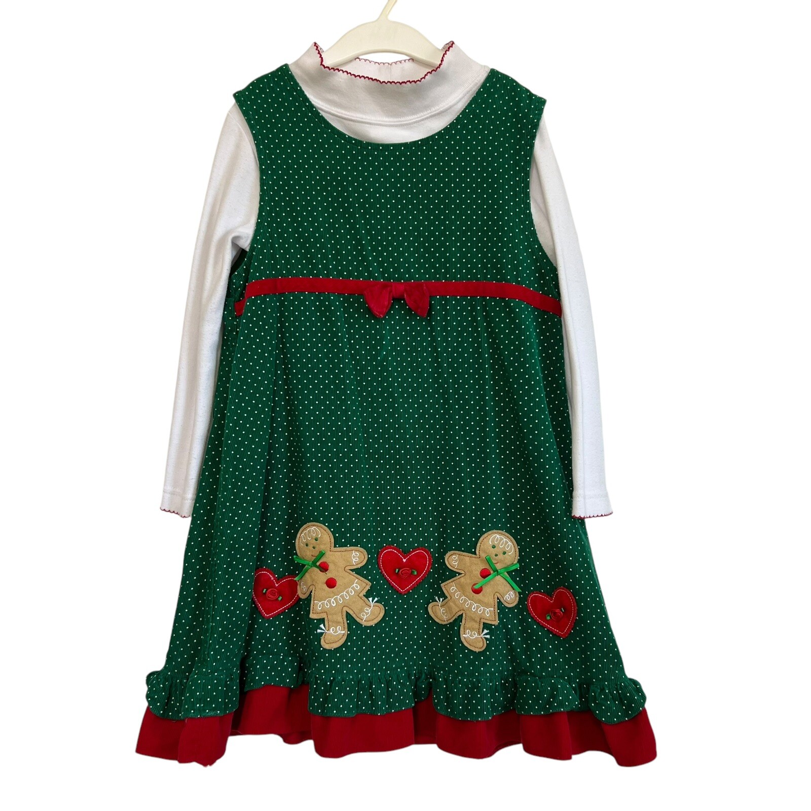 Vtg RARE TOO Green Corduroy Jumper Dress Set Gingerbread Family Heart Details 6X