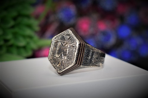 Antique 19th century SILVER Masonic Jewish Heraldry Ring abstract geometric - Picture 5 of 18
