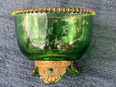 Vintage Green Glass Bowl Etched STATE FAIR 1914 Compote 3