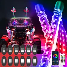 2X 3FT Spiral RGB LED Lighted Whip Lights + 12 Pods Rock Light For ATV UTV RZR