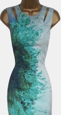 KAREN MILLEN GREEN SPLASH PRINT SPLIT SHOULDER PENCIL DRESS SIZE uk 12