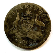 1917 Australian 3 Pence Coin King George V 92.5% Silver Melbourne Mint