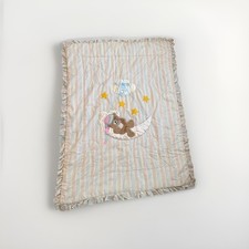 Vintage 1980s Teddy Bear Baby Girl Appliqu  Pastel Ruffle Crib Blanket 48x37  