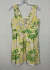 Free People Dress Size 8 Yellow Green Floral Sleeveless Mini Lace Trim Lined
