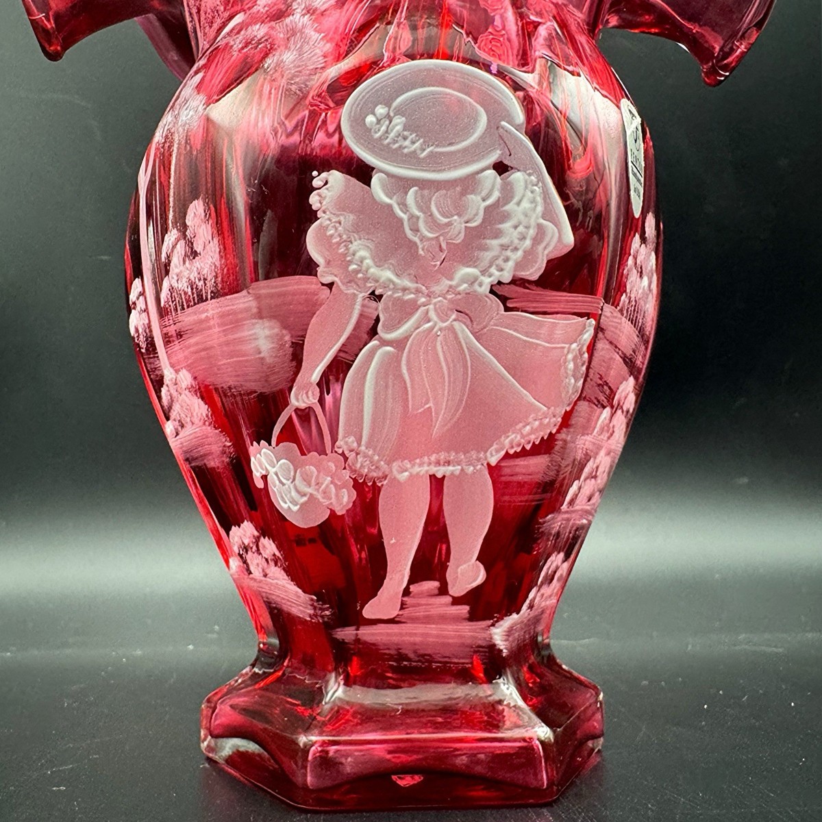 Fenton Mary Gregory Cranberry Glass Basket Hand Painted Signed 861