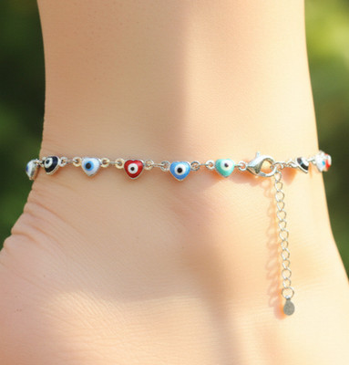 Protective Evil Eye & Heart Charm Anklet | Multicolor Silver Tone Jewelry