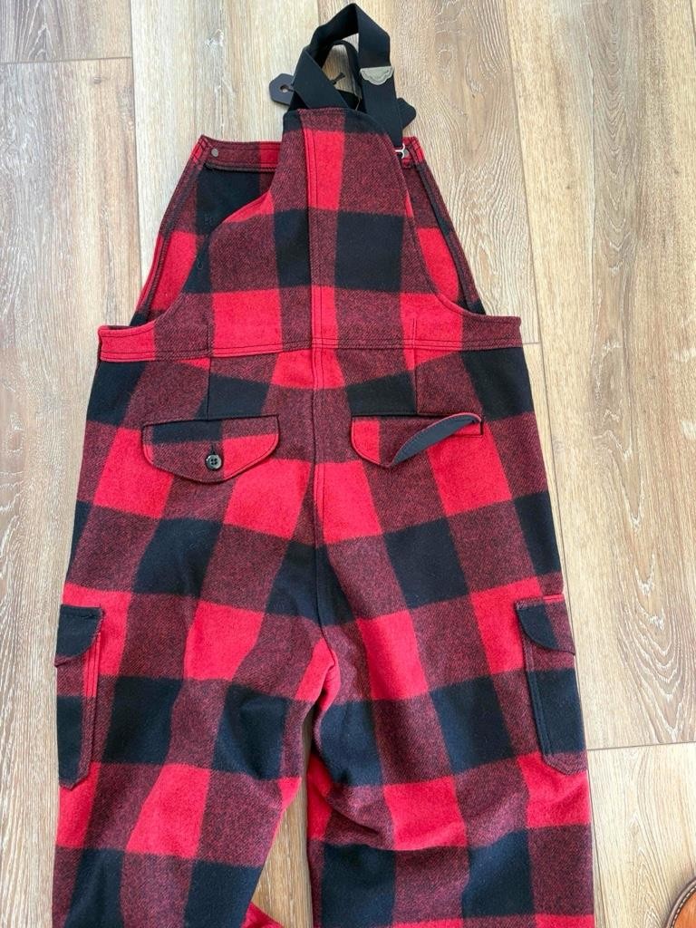 Filson Mackinaw Wool Bib Overall 36 Red Black Buffalo Plaid Made in USA Unhemmed image 5
