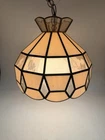Vtg Slag Stained Glass Pendant Multi Pink + Rose MCM Hanging Swag Lamp Light 11”