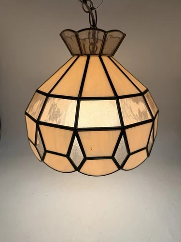 Vtg Slag Stained Glass Pendant Multi Pink + Rose MCM Hanging Swag Lamp Light 11”