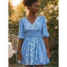TAYLOR Blue Floral Smocked Waist Bubble Hem Dress Size L Cottagecore Boho