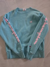 Women Champion Reverse Weave Oversized Sweatshirt Teal Green Pink Spellout Sm