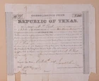 Republic of Texas Certificate of National Debt Over $9,300 1847