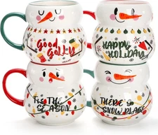 4-Pack Christmas Mugs 15oz Stackable Ceramic Snowman Coffee Cups New