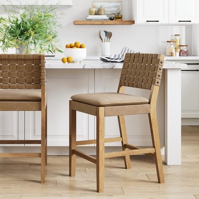 Nathan James Cohen 24'' Counter Height Bar Stool Wood Faux Leather Woven Back