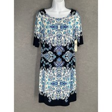 Eliza J Dress Womens Sz 6 Navy Blue White Medallion Print Office Church NEW