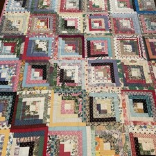 Vintage Handmade Log Cabin Quilt Folk Art Novelty... 1940 s Feedsack