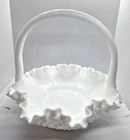 Vintage Fenton Ruffled Hobnail White Milk Glass Basket Bowl Applied Handle EUC
