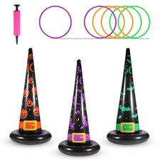 Inflatable Witch Hat Ring Toss Game Set with Plastic Rings OrangePurpleGreen