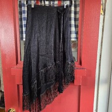 Zara Women's Black Skirt Fringe Hem Side Tie Side Zip High Low Hem Size XS NWOT