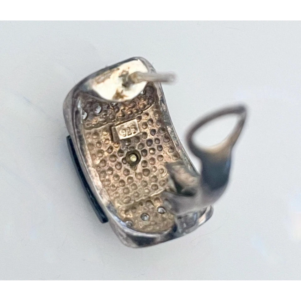 Orecchini vintage Art Deco in argento 925 con strass, borchie smaltate nere - Immagine 3 di 4