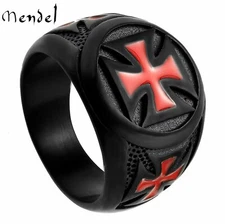 MENDEL Mens Black Stainless Steel Knights Templar Maltese Cross Ring Size 7-15