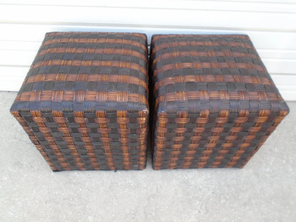 PAIR Pier 1 Vanity stools Bench for console table Rattan Bamboo Ottomans seats - Image 2 of 4