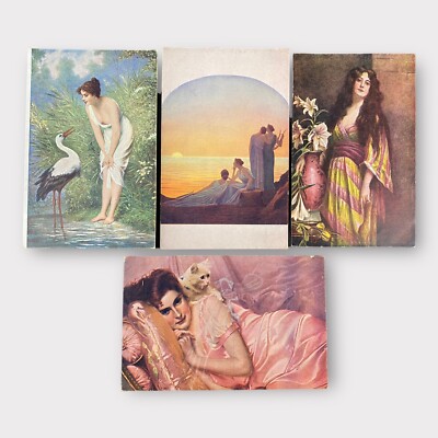 4 Antique Salon J.P.P. European Victorian Postcards Ladies Women Cat Sunset