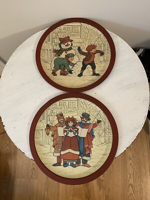Vintage Christmas Round Trays 1989 Snowman Snowball Fight Carolers Two Trays
