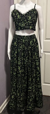 CORAMOON SZ M BLACK/GREEN GOTHIC SKULL CROP TOP & LONG SKIRT HALLOWEEN WITCHY