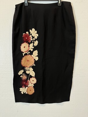 Harari Black Asian Floral Midi Skirt Silk Size Plus 1X Nice