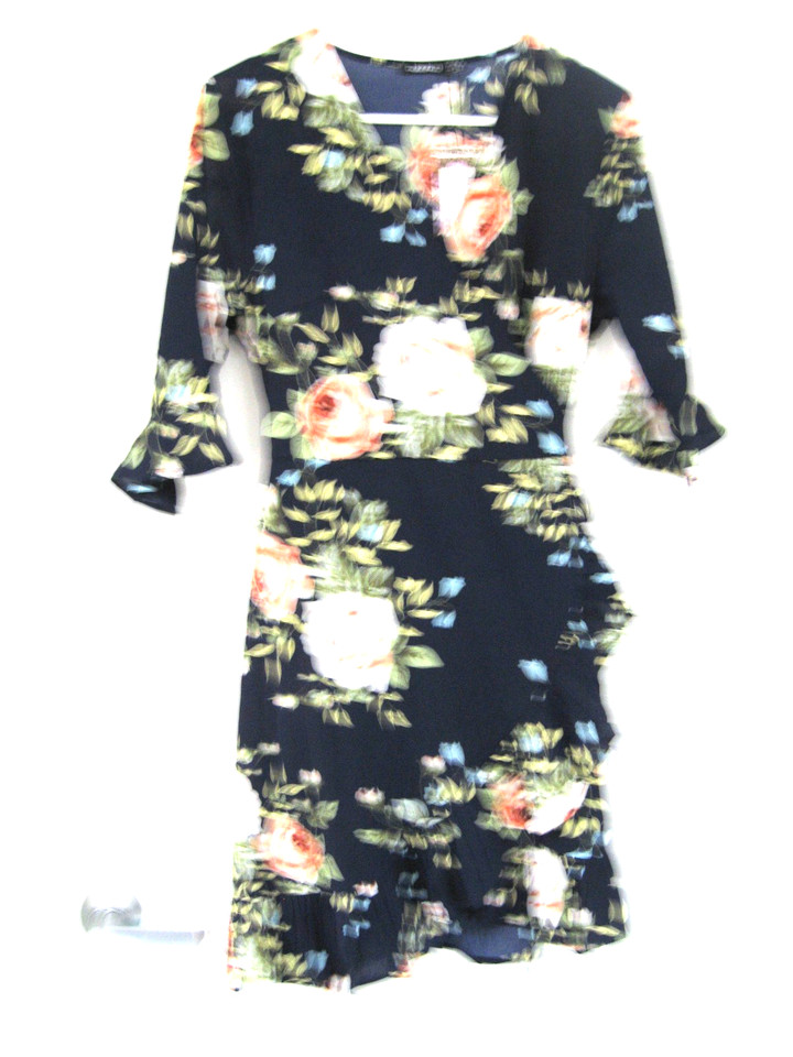 BOOHOO NAVY FLORAL SHORT SLEEVE WRAP DRESS WITH FRILL HEM+CUFFS SIZE 12 NWT