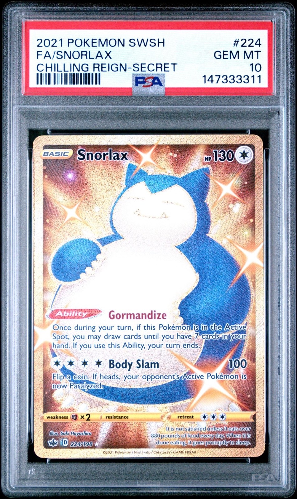 2021 Pokemon SWSH Full Art Snorlax Chilling Reign Secret #224 PSA 10 Gem