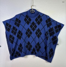 Lane Bryant Argyle Poncho Women Sz 14-20 Blue Casual Hipster Boho Preppy