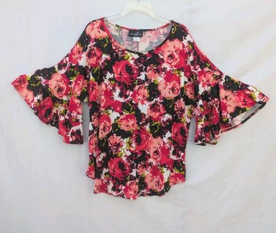 NWT 2X Lexington Avenue Top Red Roses Knit Tiered Bell Sleeves Round Hem