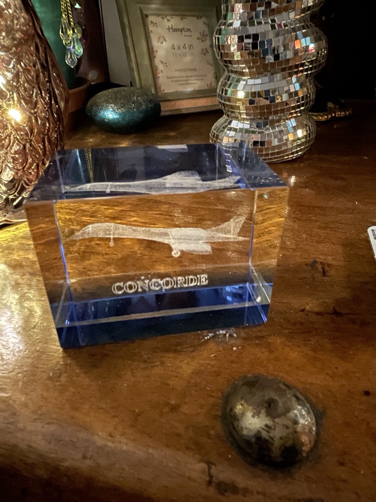 Window Block Outside Concorde Etched Glass/Crystal Paperweight Block Desk Ornament with Blue ...