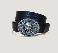 Gothic Skull Belt Buckle + Black Embossed Leather Belt Punk Rock Y2K Biker Style