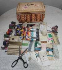 Vintage Wicker Rattan Sewing Basket With Notions Large Lot Embroidery Floss Trim