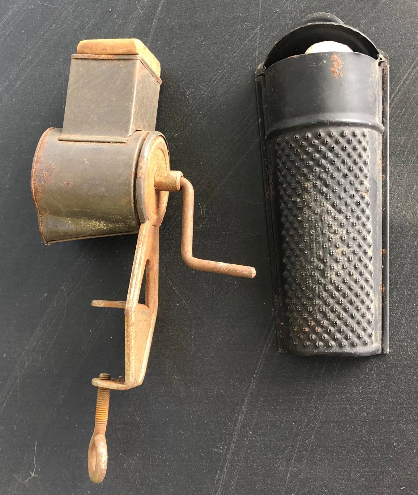 2 antique TIN NUTMEG spice GRINDERS clamp crank wood hinged top