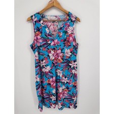Lands End Floral Shift Dress Womens L Blue Tropical Sleeveless Resort Vacation