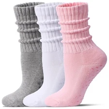 Pilates Socks for Women Mid Calf Slouch Yoga Socks with Non Slip Grippers for...