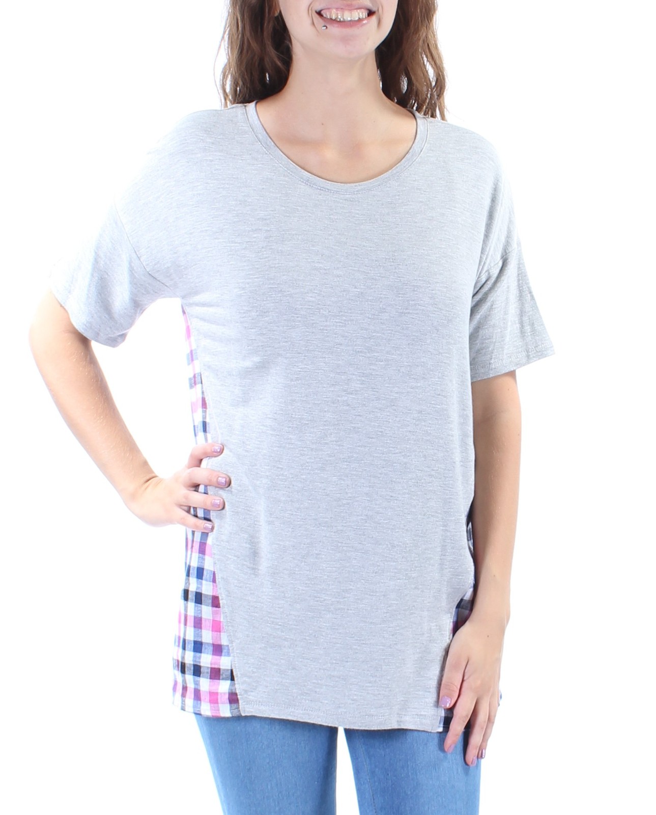 BASS Womens Gray Plaid Short Sleeve Jewel Neck Top in XS