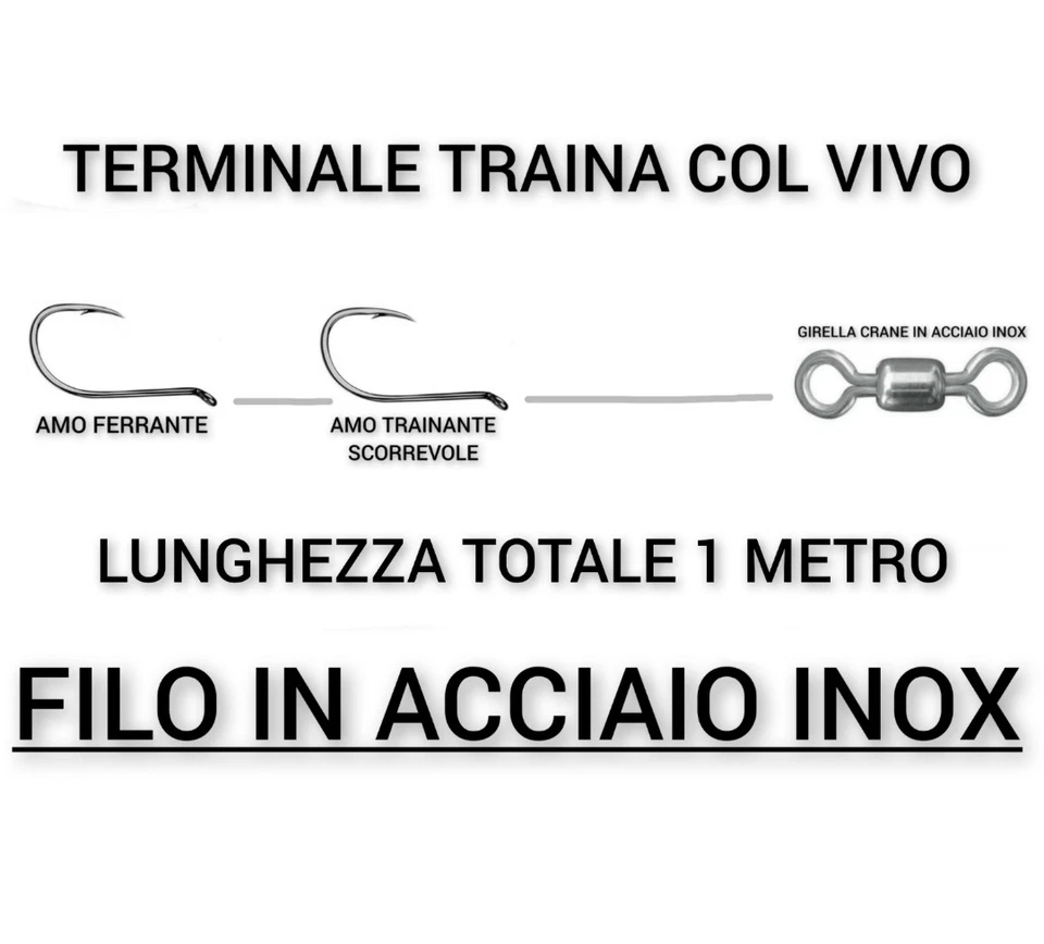 TERMINALE ACCIAIO TRAINA VIVO PERSONALIZZATO 2 AMI SCORREVOLE PESCA PESCE SERRA - Immagine 2 di 4