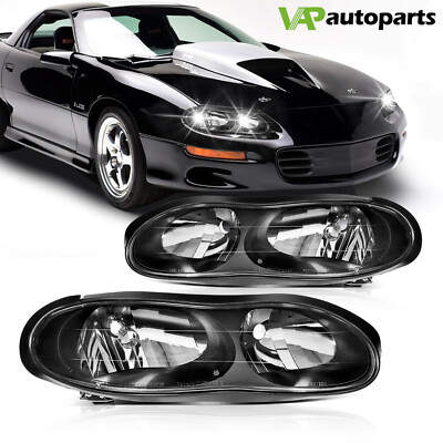 Fits Chevy Camaro Z28 SS 98-02 Black Housing Headlights Assembly Pair Headlamp