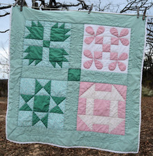 Pink  Green small table topper patchwork quilt 34x34"