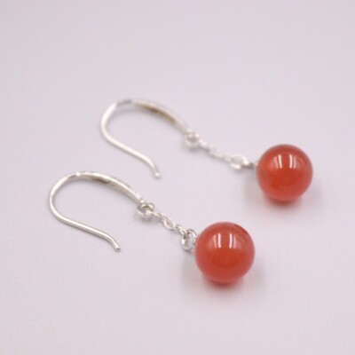 Solid 925 Sterling Silver Dangle Earrings With Red Agate Ball Charm 34mm L