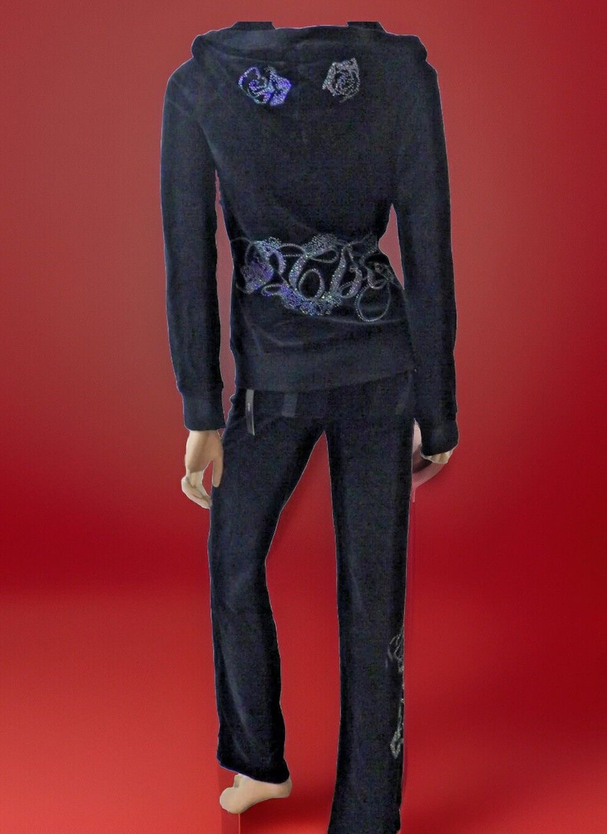BCBG Max Azria Velour Tracksuit Set L Black Purple Y2K Bling