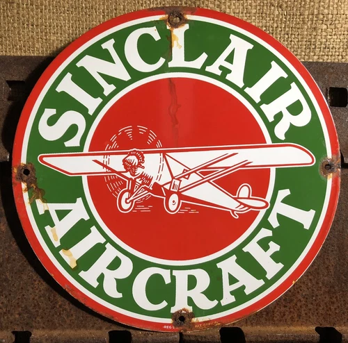 VINTAGE SINCLAIR AIRCRAFT PORCELAIN ENAMEL GAS STATION PUMP MOTOR OIL SIGN