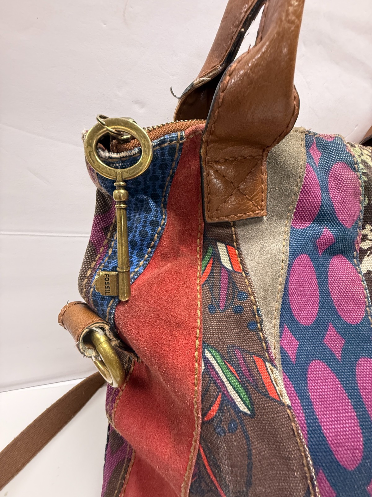 Fossil Patchwork Shoulder Bag Boho Leather Canvas… - image 9