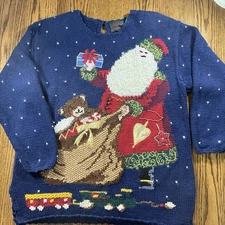 Hand Knit Vintage Christmas Sweater Santa Teddy Bear Oversized Tunic Style Large